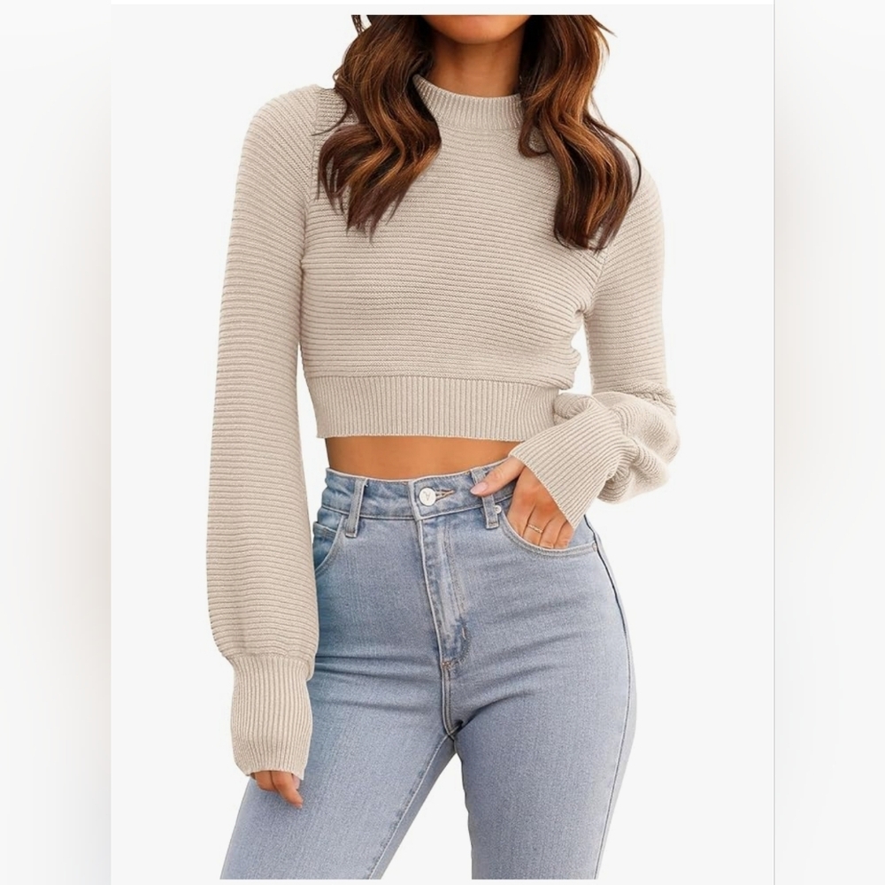 Zesica Women's Beige Mock Neck Soft Ribbed Knit Cropped Sweatshirt Size XL
